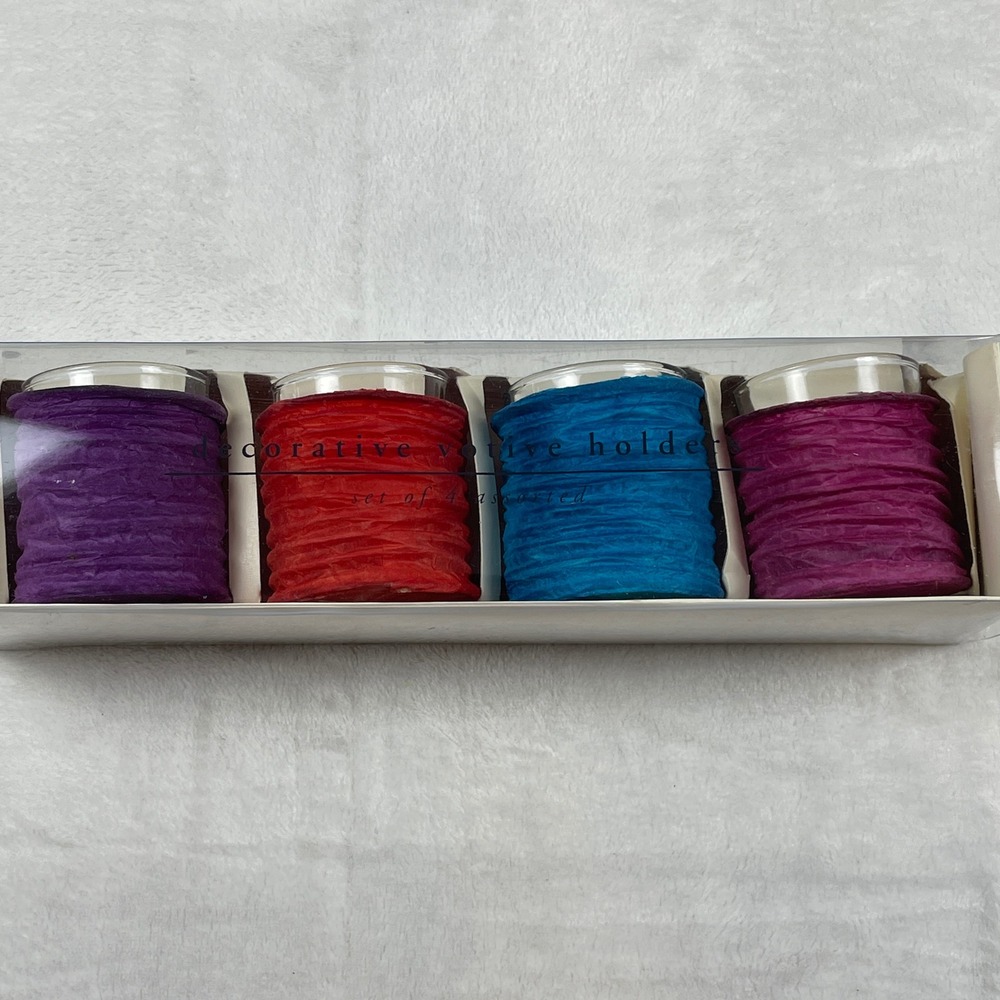 Pier 1 Imports Decorative Votive Holders Set of 4 Assorted‎ Colors Raffia Wrap